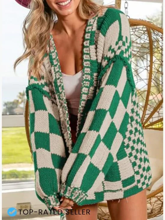 Vintage Checkered Cardigan Chunky Knit Oversized Boyfriend Style Open Front - Picture 4 of 6